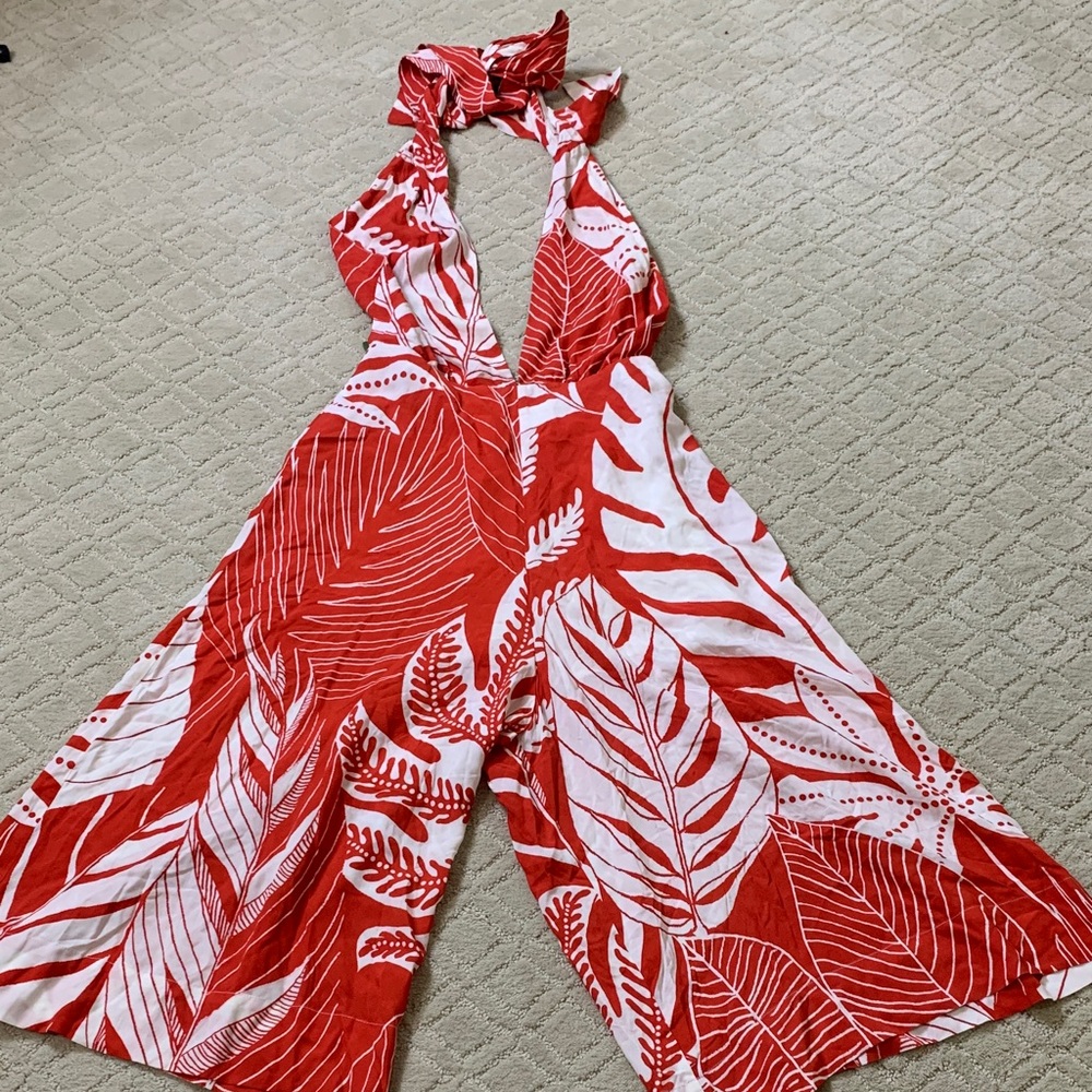 FARM Rio Red and White Tropical Leaf Print Jumpsuit Size XS